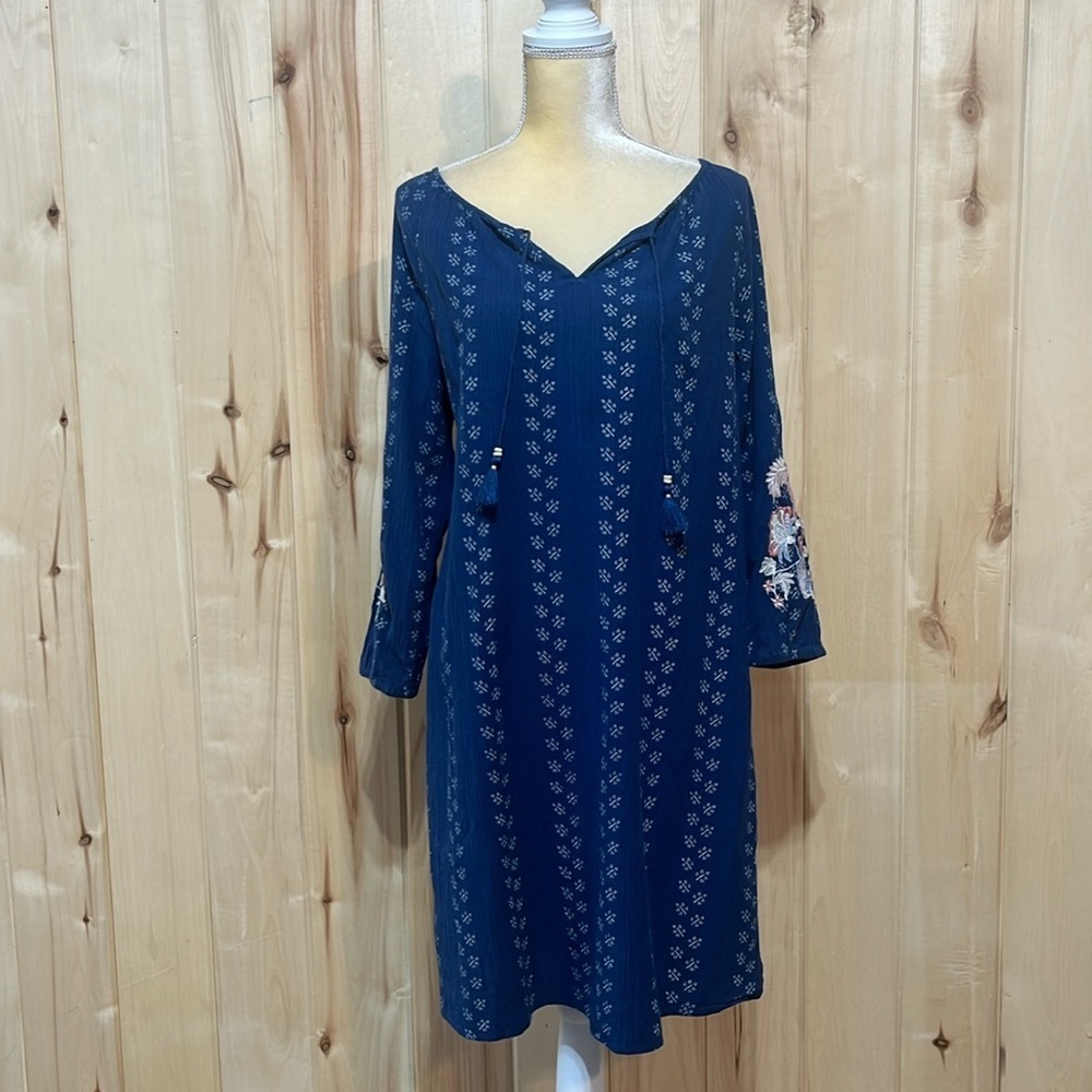 J. Jill Blue Floral Boho Embroidered Sleeve Dress Size M